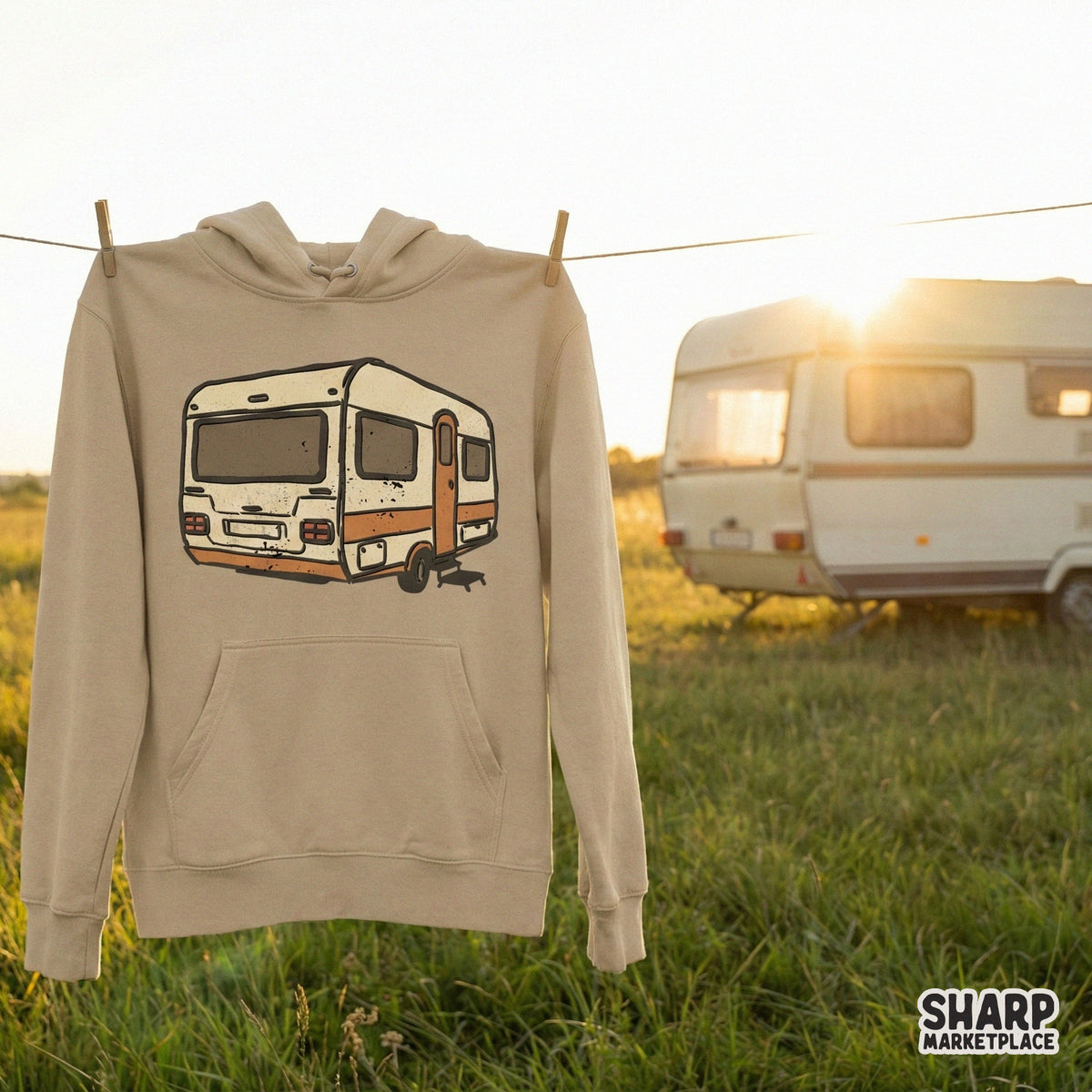 Vintage caravan PNG graphic featuring a classic trailer silhouette with a bold orange stripe, ideal for camping-themed sublimation or DIY sticker crafts.