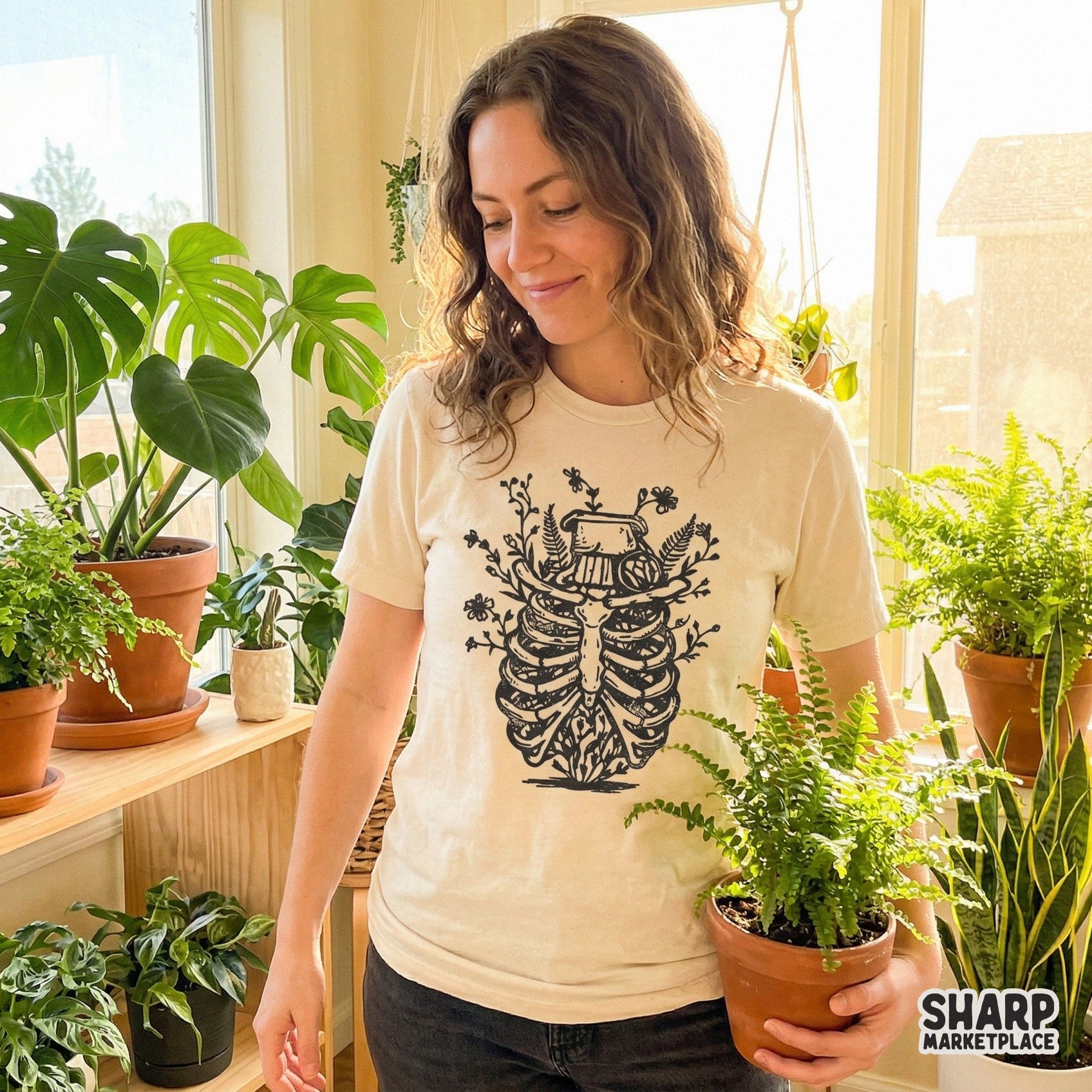 High-resolution digital download featuring a blooming rib cage illustration, ideal for DIY print-on-demand projects and vintage-style apparel.