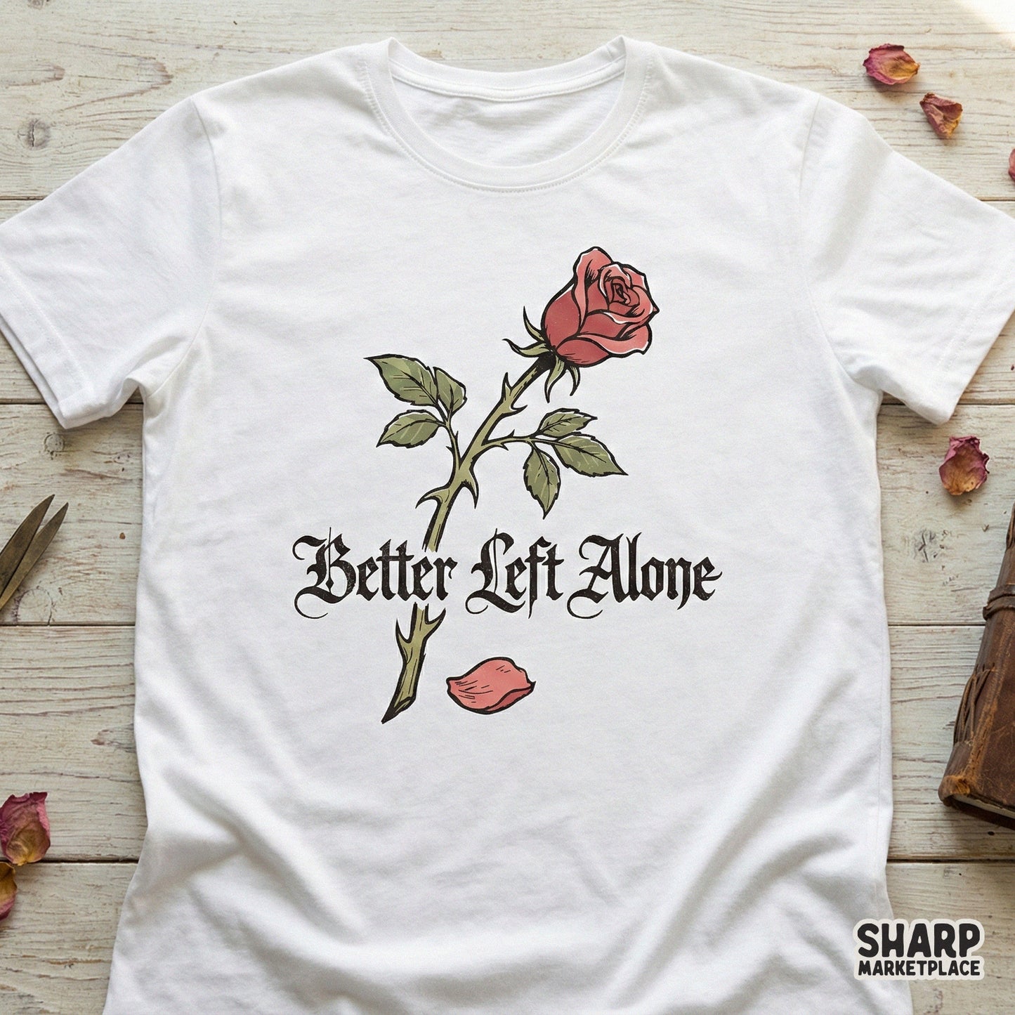 Vintage style gothic flower design featuring a red rose and elegant lettering, perfect for creating unique stickers, tumblers, or home decor items.