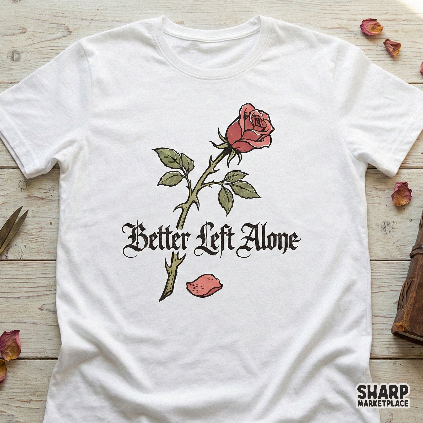 Vintage style gothic flower design featuring a red rose and elegant lettering, perfect for creating unique stickers, tumblers, or home decor items.