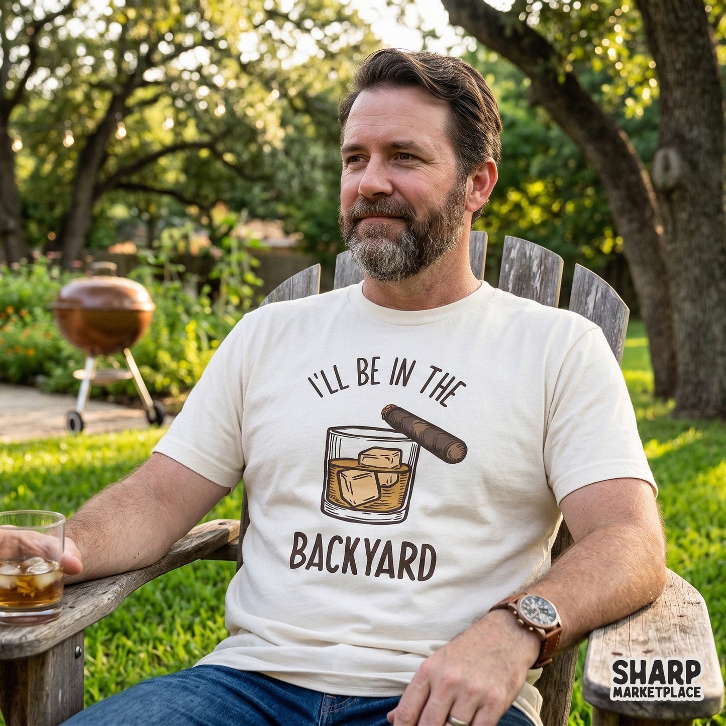 Retro whiskey and cigar illustration with I'll Be In The Backyard text for funny Father's Day shirts and summer gifts