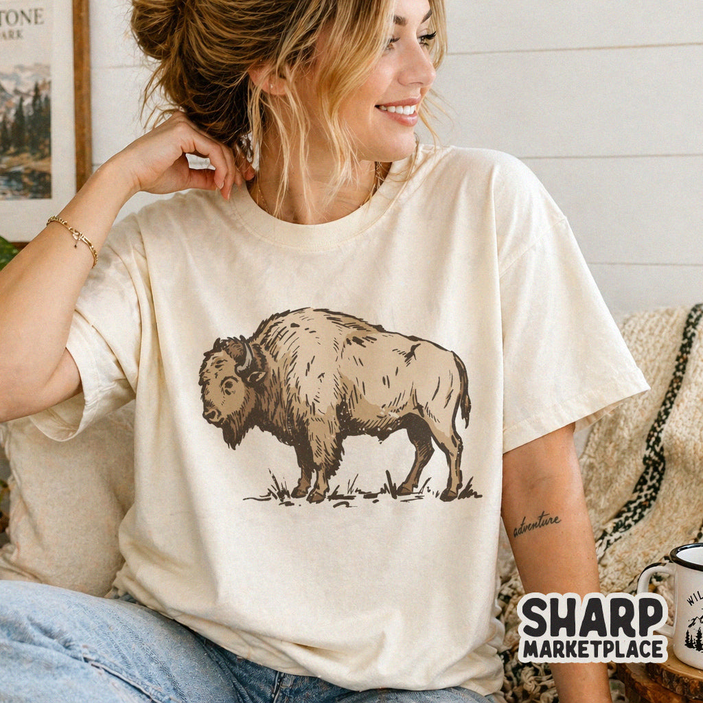 A retro buffalo graphic printed on a cream-colored t-shirt, showcasing a hand-drawn prairie animal design perfect for rustic country fashion.