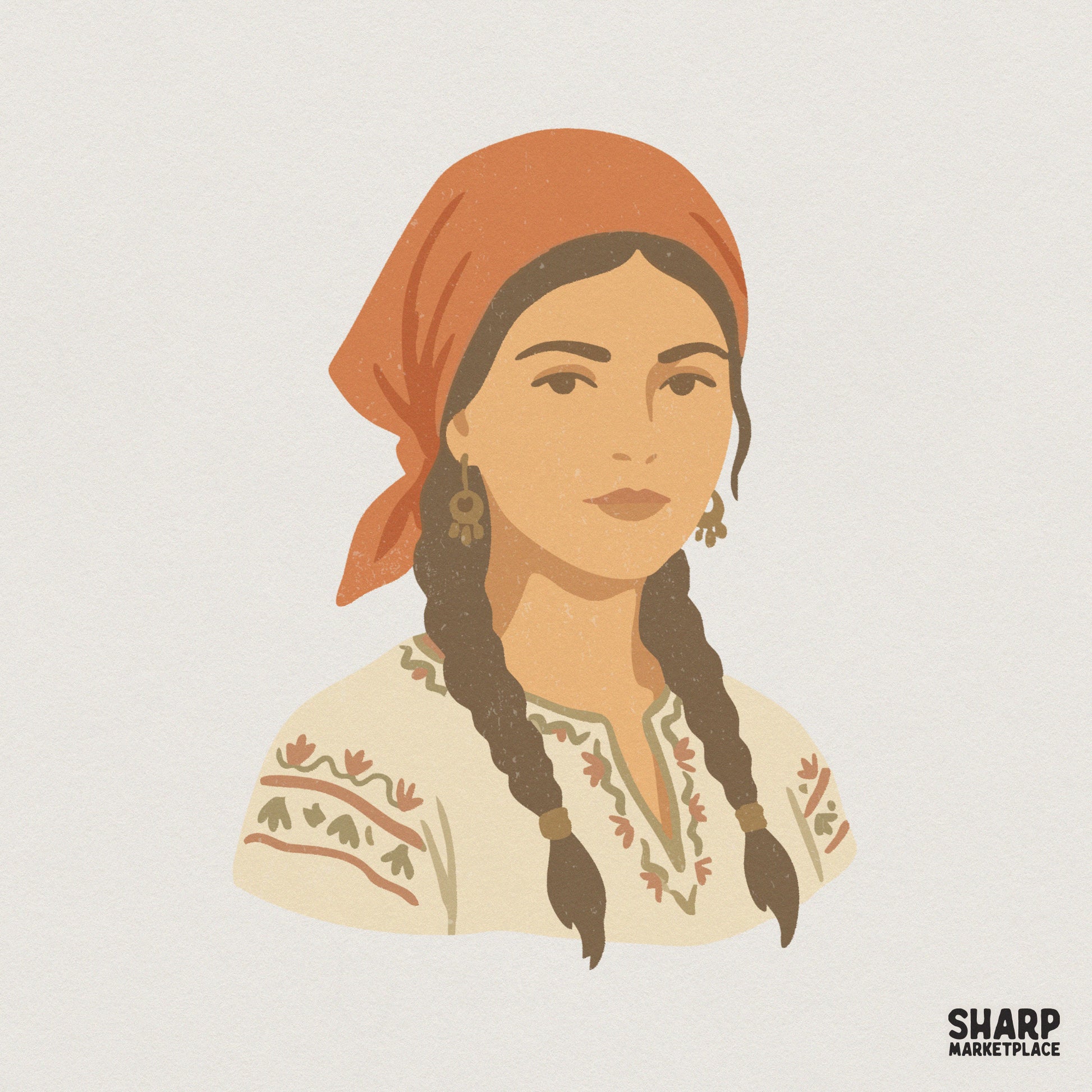 Stylized folk art portrait of a woman with long brown braids wearing an orange headscarf and embroidered blouse in earthy tones for print projects.