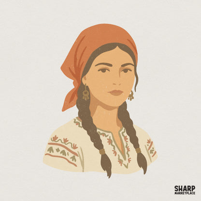 Stylized folk art portrait of a woman with long brown braids wearing an orange headscarf and embroidered blouse in earthy tones for print projects.