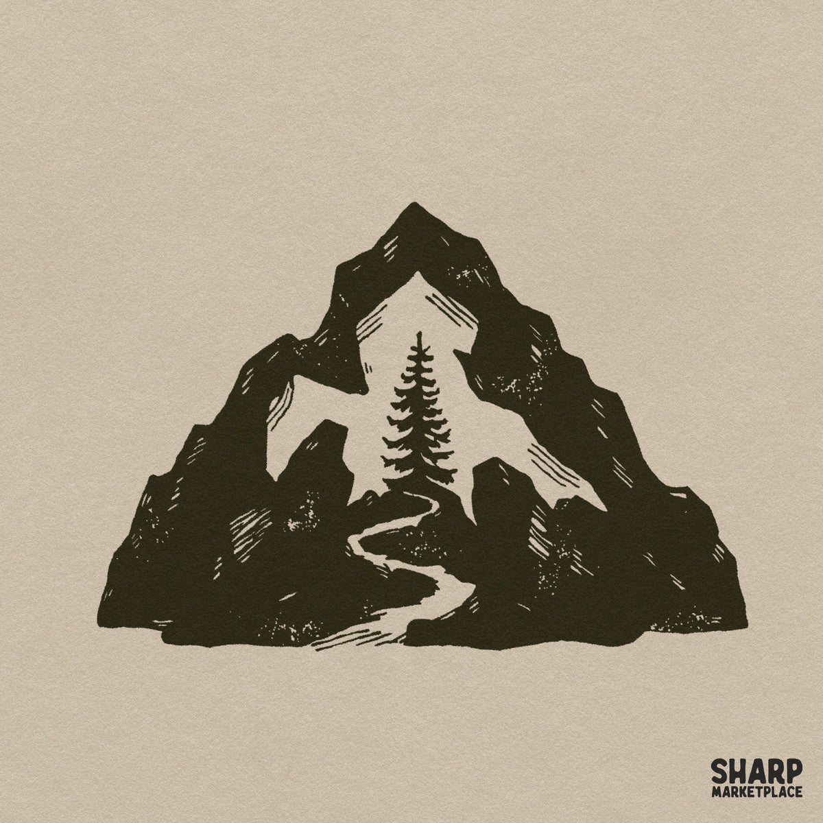 Mountain silhouette with pine trees and river cutout for retro outdoor adventure camping t-shirt PNG design