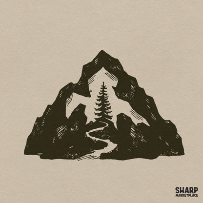 Mountain silhouette with pine trees and river cutout for retro outdoor adventure camping t-shirt PNG design