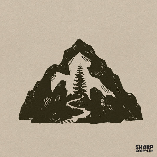 Mountain silhouette with pine trees and river cutout for retro outdoor adventure camping t-shirt PNG design