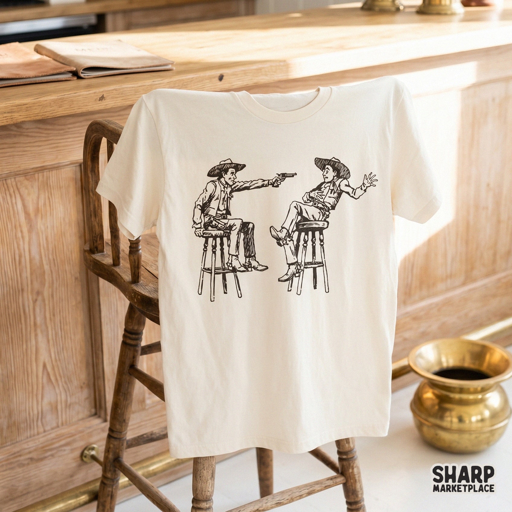 Retro western graphic of a cowboy duel, perfect for sublimation or DTF printing on apparel, stickers, and rustic home decor projects.