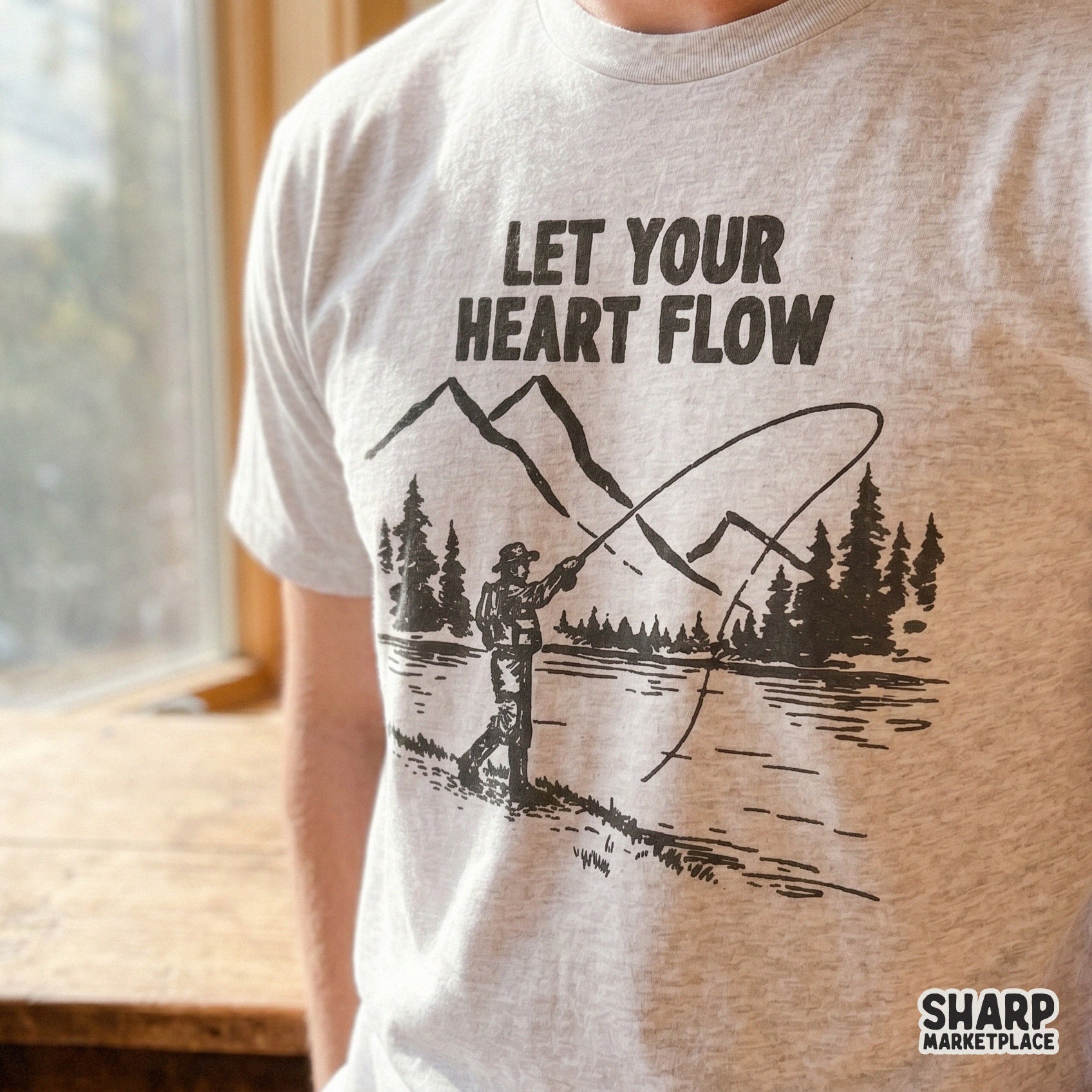 Hand-drawn style fishing illustration featuring a peaceful lake scene and the quote Let Your Heart Flow, suitable for sublimation printing.