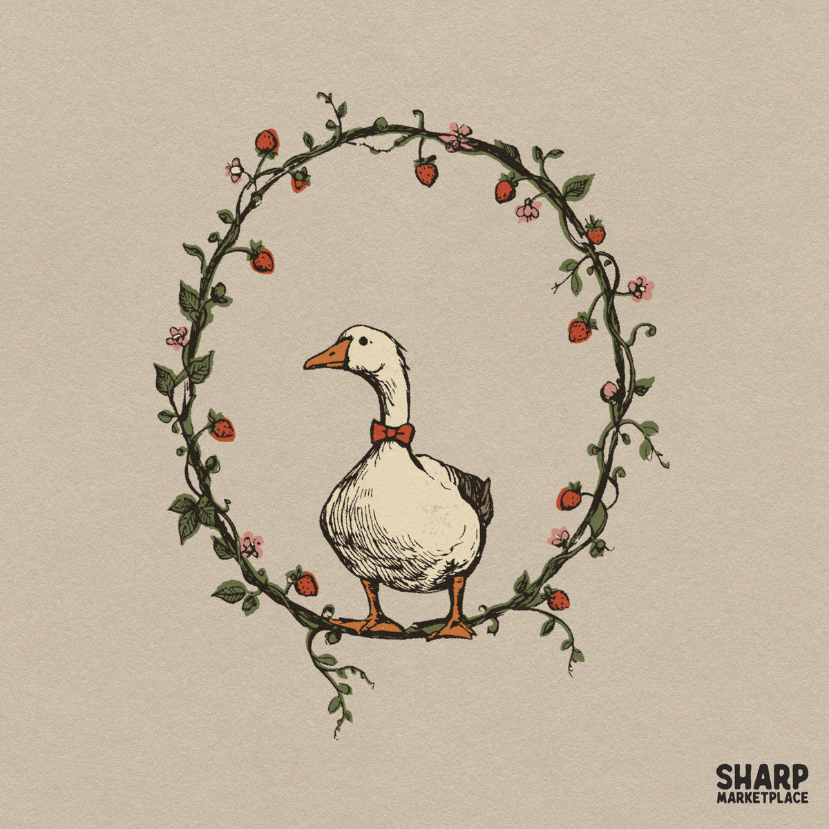 Cute goose wearing a red bowtie inside a strawberry wreath, cottagecore sublimation PNG design for t-shirts and craft projects