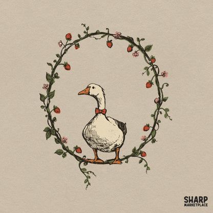Cute goose wearing a red bowtie inside a strawberry wreath, cottagecore sublimation PNG design for t-shirts and craft projects
