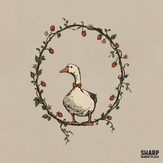 Cute goose wearing a red bowtie inside a strawberry wreath, cottagecore sublimation PNG design for t-shirts and craft projects