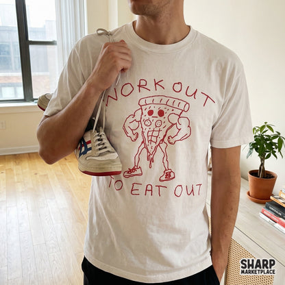 Trendy red crayon-style graphic of a flexing pizza slice character with the funny fitness pun Workout To Eat Out for custom gym t-shirts and stickers.