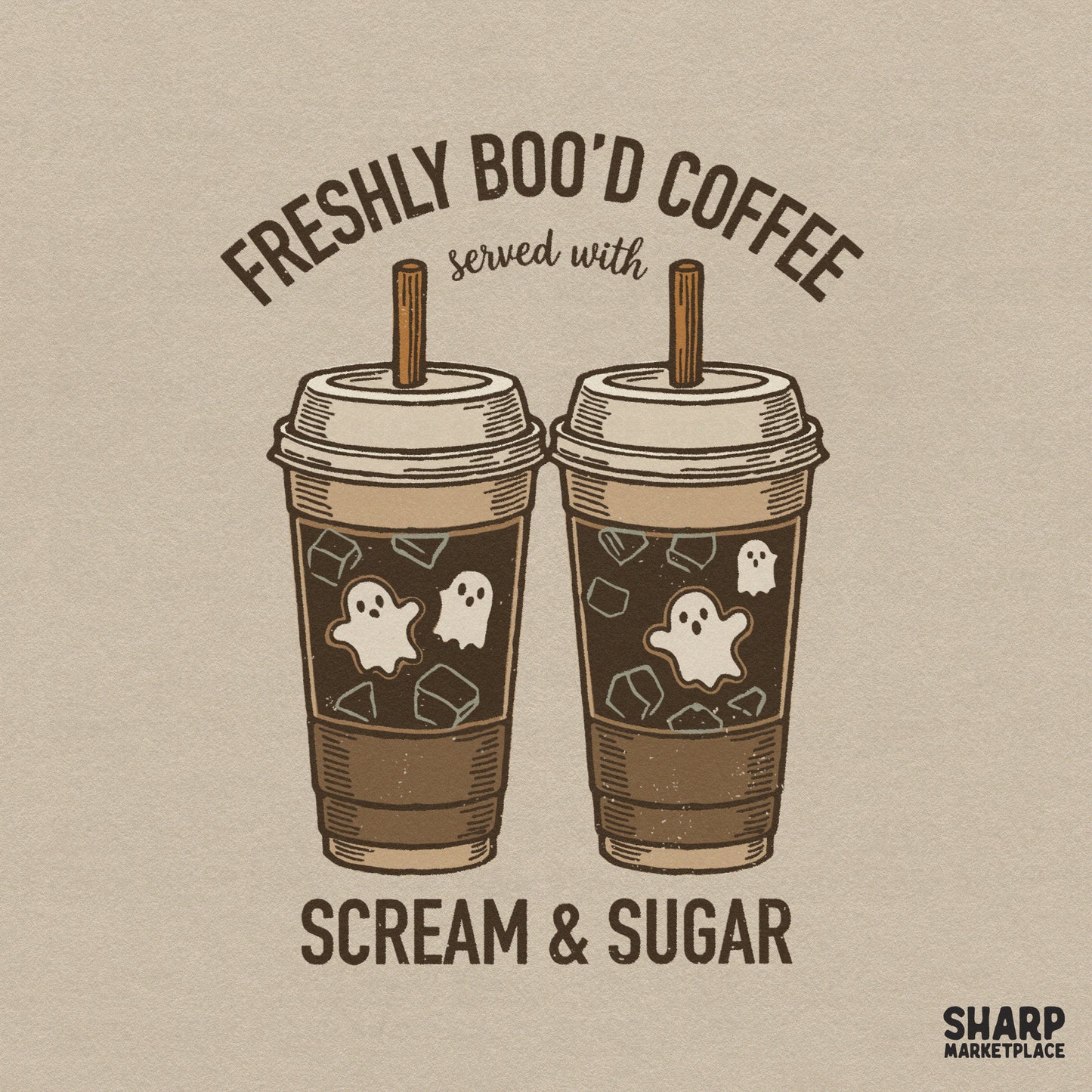 Funny Halloween ghost iced latte with scream and sugar text in a retro spooky season style for sublimation tumbler wraps