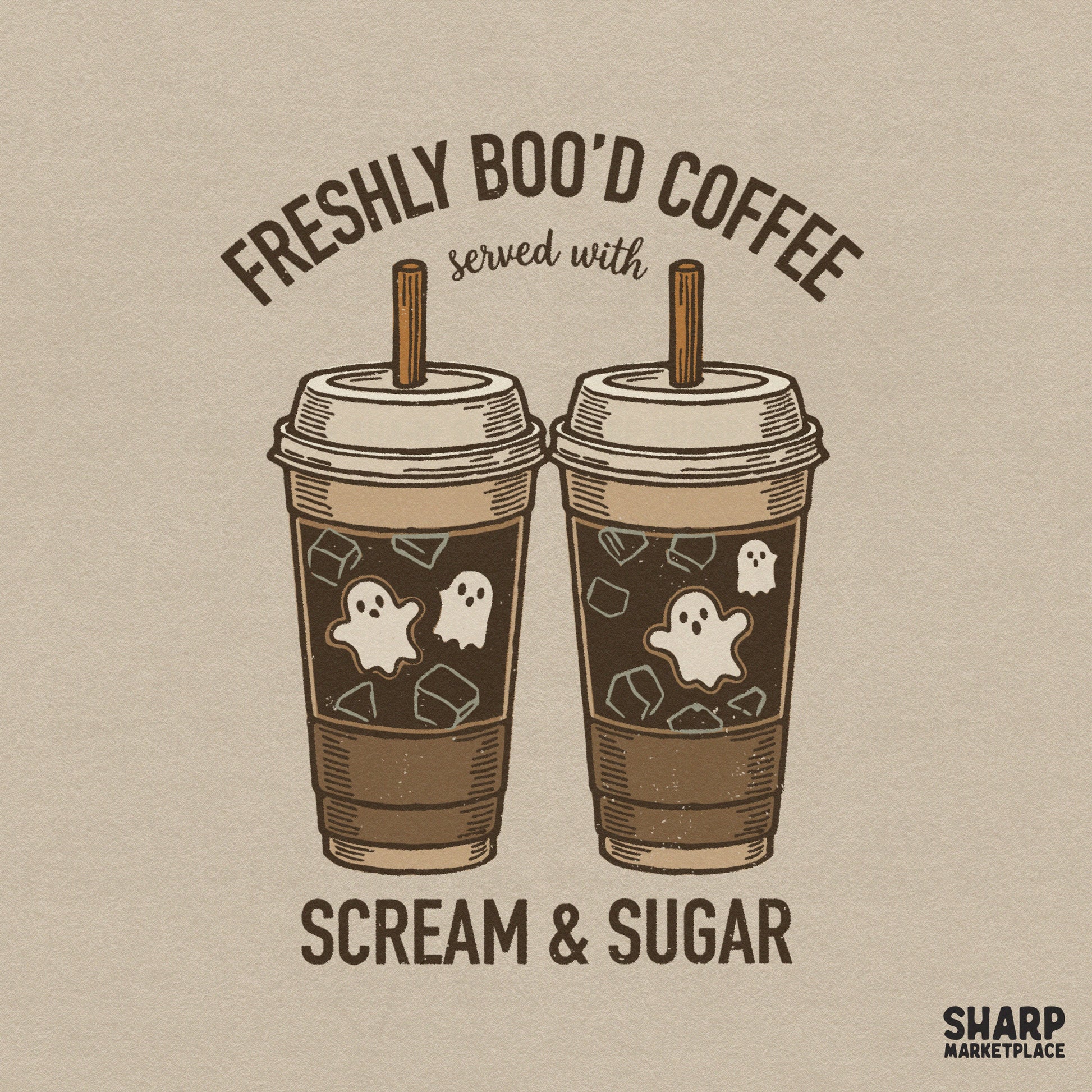 Funny Halloween ghost iced latte with scream and sugar text in a retro spooky season style for sublimation tumbler wraps