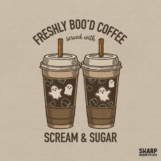 Funny Halloween ghost iced latte with scream and sugar text in a retro spooky season style for sublimation tumbler wraps