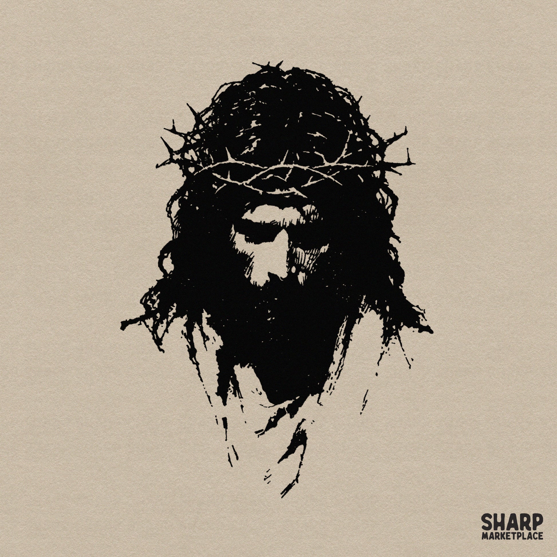 High contrast silhouette of Jesus with crown of thorns Easter PNG for Christian apparel and religious sublimation