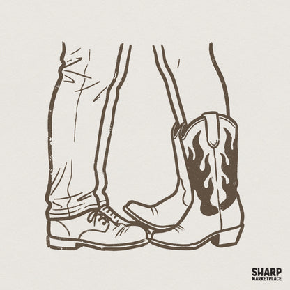Minimalist line art illustration of a cowboy boot and a flame-patterned cowgirl boot touching toes, rendered in sepia tones for country-themed projects.
