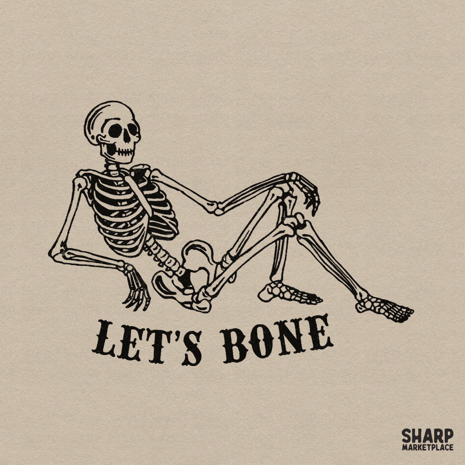 Retro sexy skeleton Let's Bone graphic for Halloween adult humor apparel and sarcastic spooky season sublimation designs