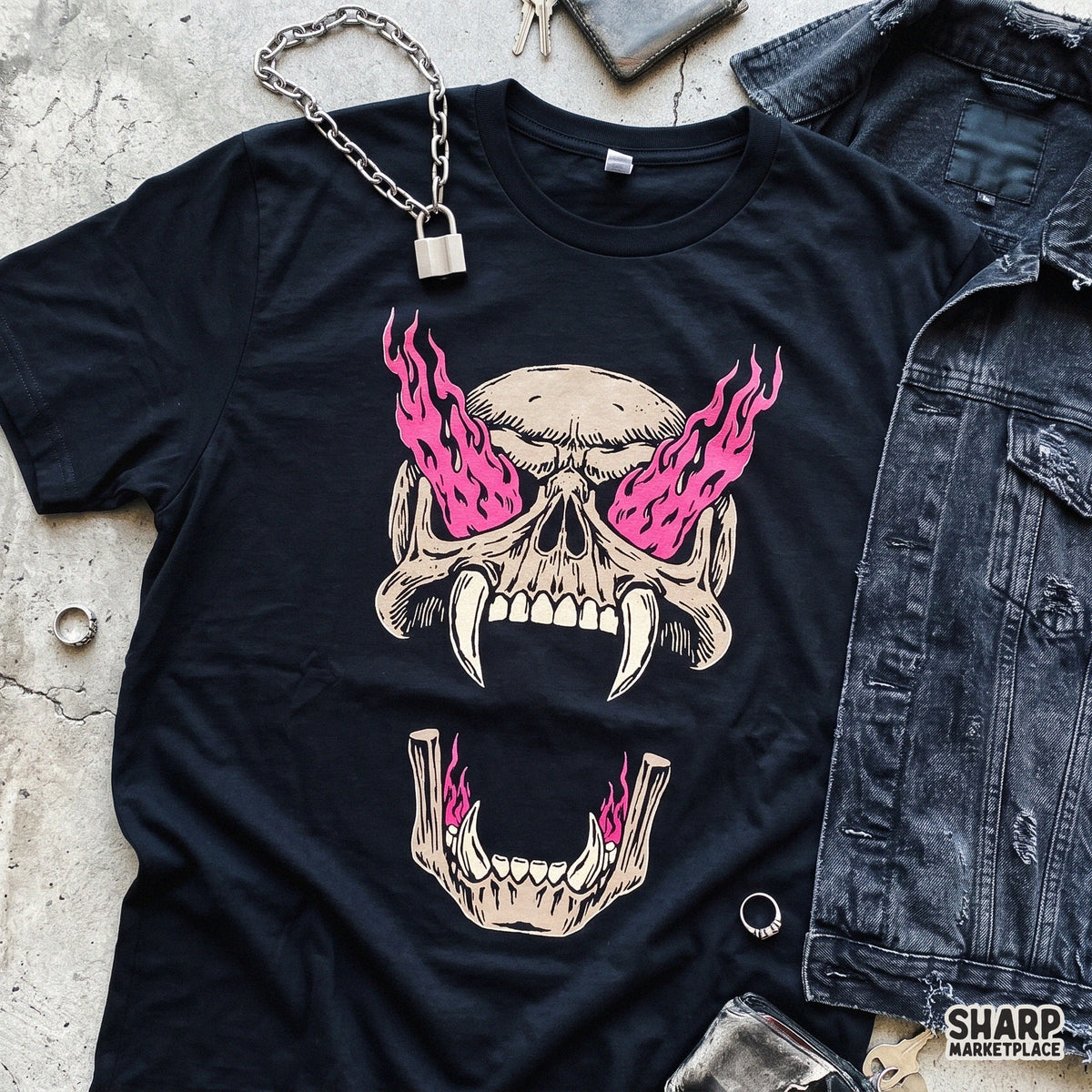 Vampiric monster skull with blazing pink fire eyes and fangs, spooky gothic streetwear Halloween skull PNG design