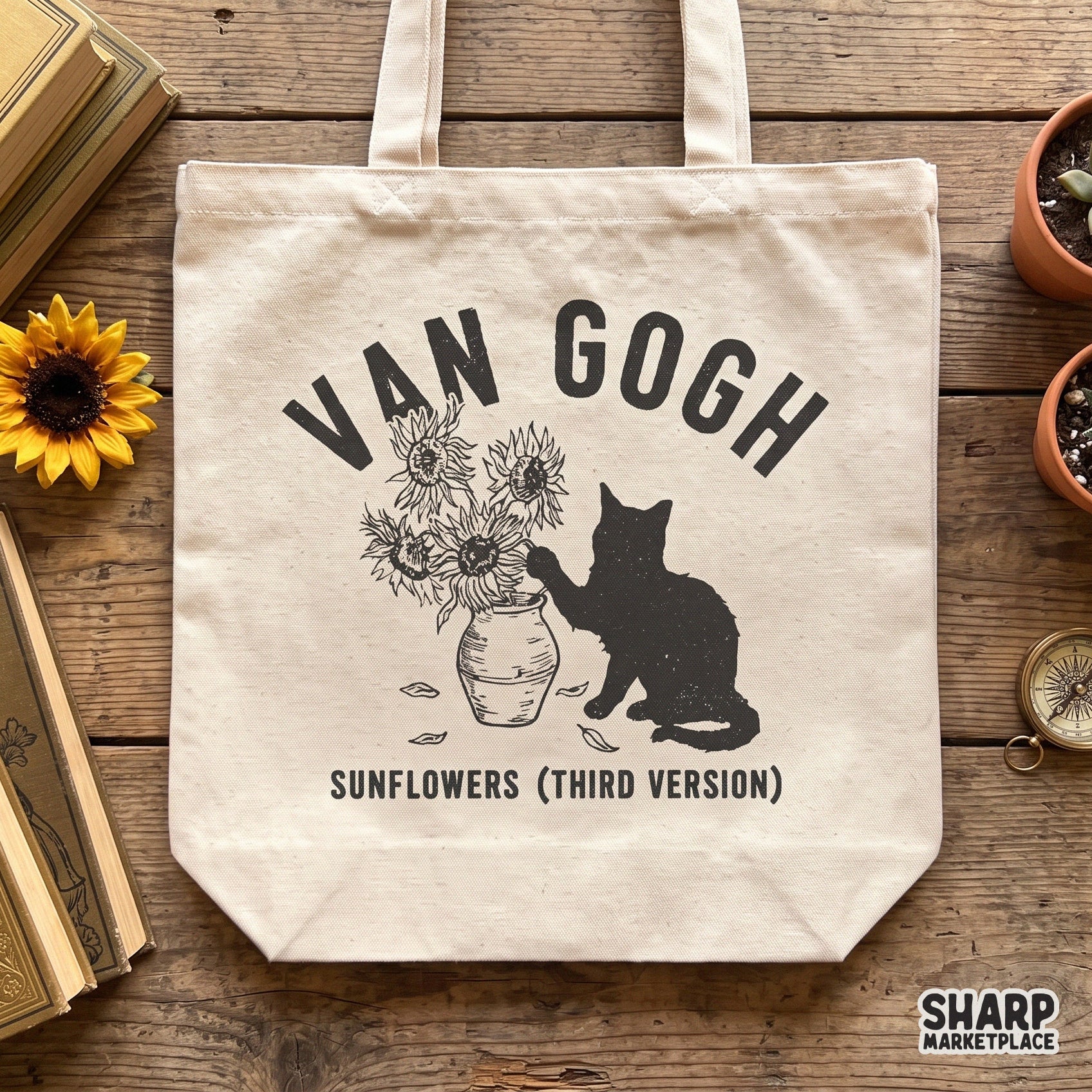 Van Gogh sunflowers parody featuring a naughty kitten and retro flowers for sarcastic cat mom sublimation designs