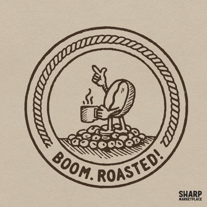 Funny sarcastic Boom Roasted coffee bean PNG design ideal for t-shirts, mugs, and sublimation projects