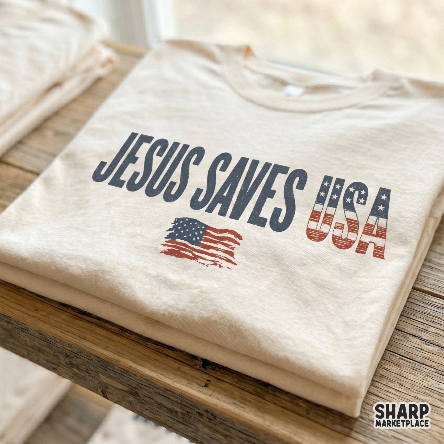 Christian themed digital artwork featuring a waving American flag and bold typography for use on DIY religious apparel, stickers, or home decor projects.