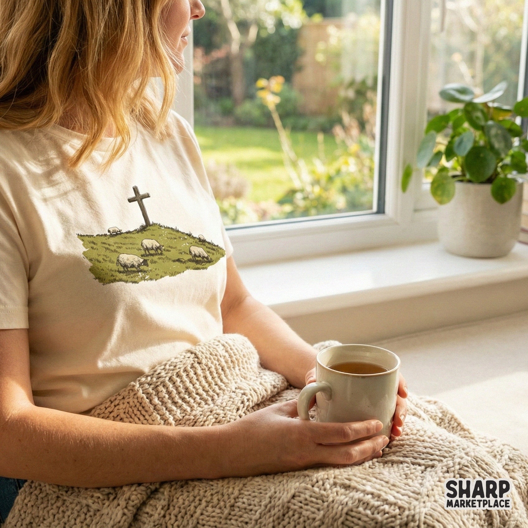 Serene religious design featuring sheep grazing near a wooden cross, designed for sublimation transfers, stickers, and faith-based apparel prints.
