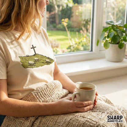 Serene religious design featuring sheep grazing near a wooden cross, designed for sublimation transfers, stickers, and faith-based apparel prints.