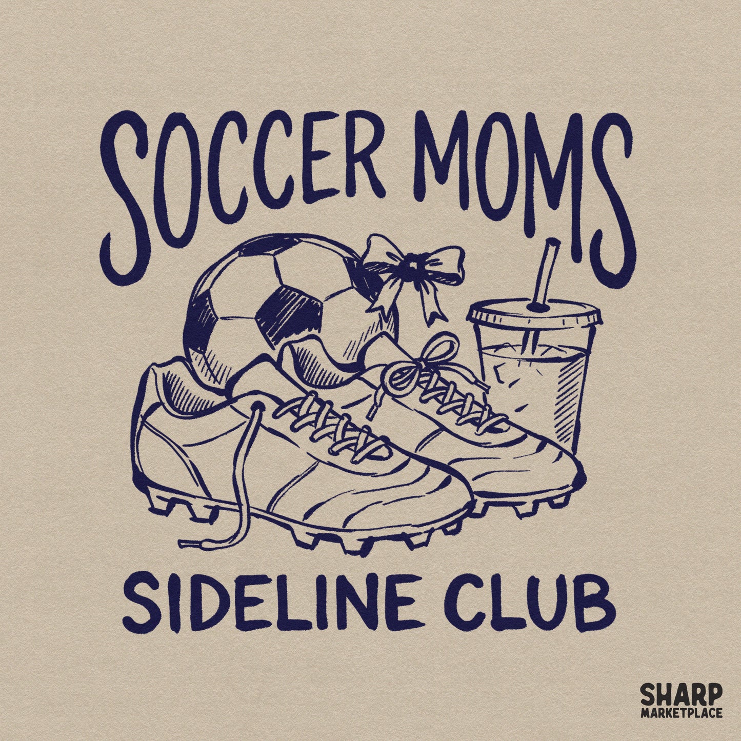 Navy blue line art design featuring a soccer ball, cleats, a coquette bow, and an iced coffee cup with the text Soccer Moms Sideline Club.