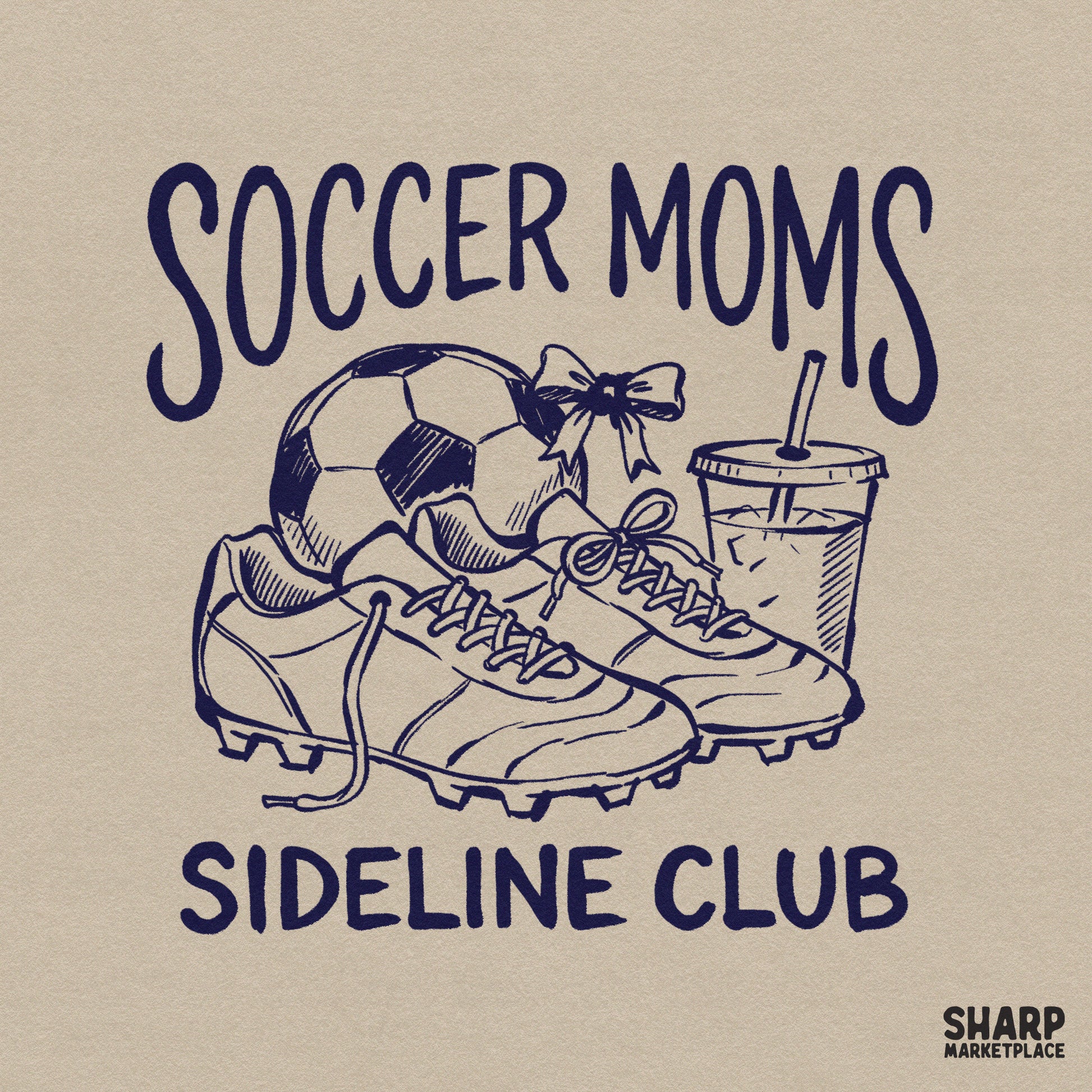 Navy blue line art design featuring a soccer ball, cleats, a coquette bow, and an iced coffee cup with the text Soccer Moms Sideline Club.