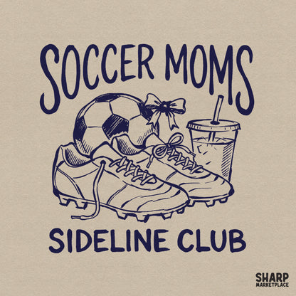 Navy blue line art design featuring a soccer ball, cleats, a coquette bow, and an iced coffee cup with the text Soccer Moms Sideline Club.