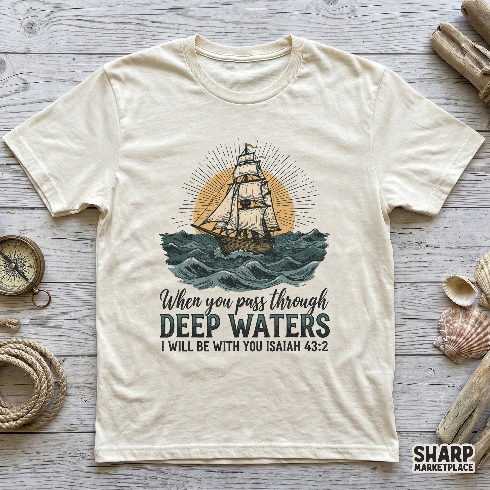 Vintage ship art with Isaiah 43:2 bible verse png for Christian shirt designs and faith-based apparel