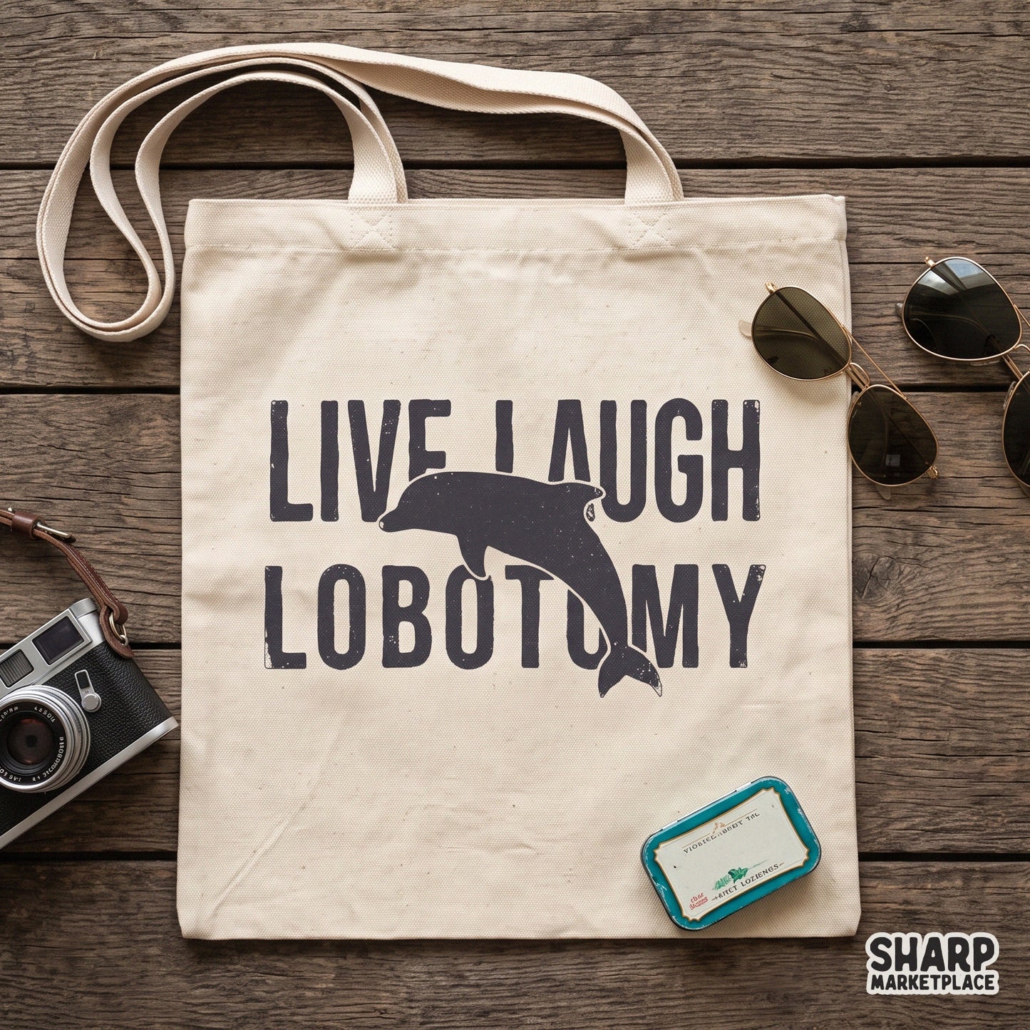 Retro dolphin silhouette with live laugh lobotomy text for sarcastic y2k summer beach shirt designs and funny memes
