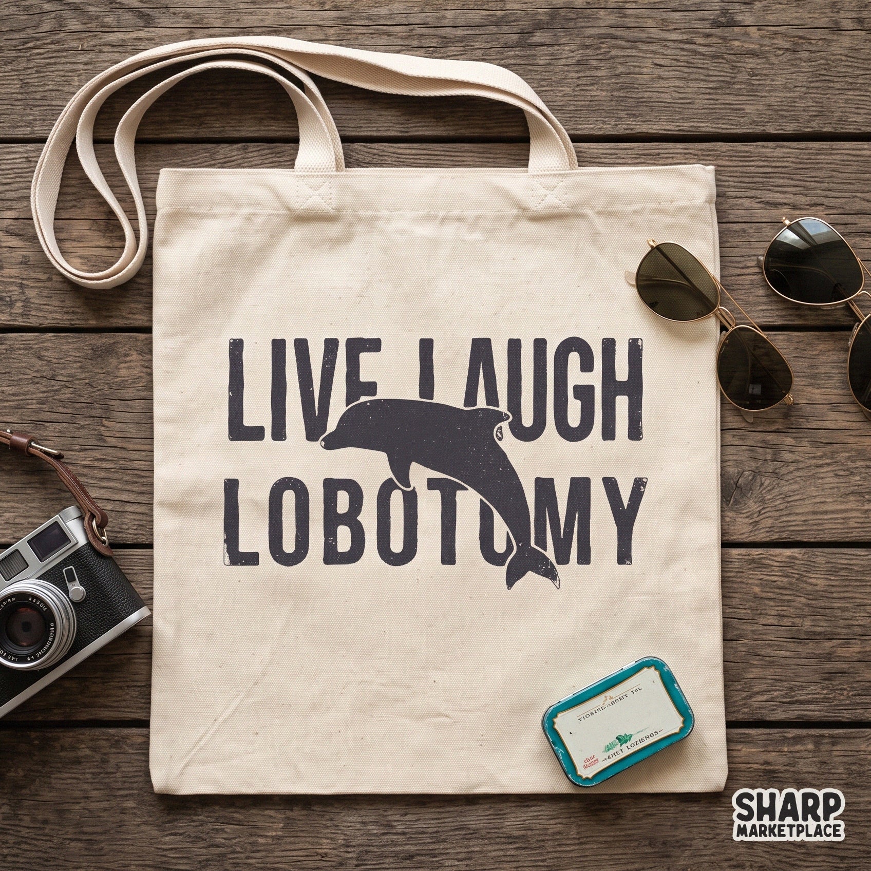Retro dolphin silhouette with live laugh lobotomy text for sarcastic y2k summer beach shirt designs and funny memes