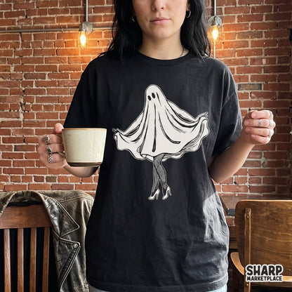 Sassy ghost wearing fishnets and high heels illustration for a spooky shirt Halloween sublimation design