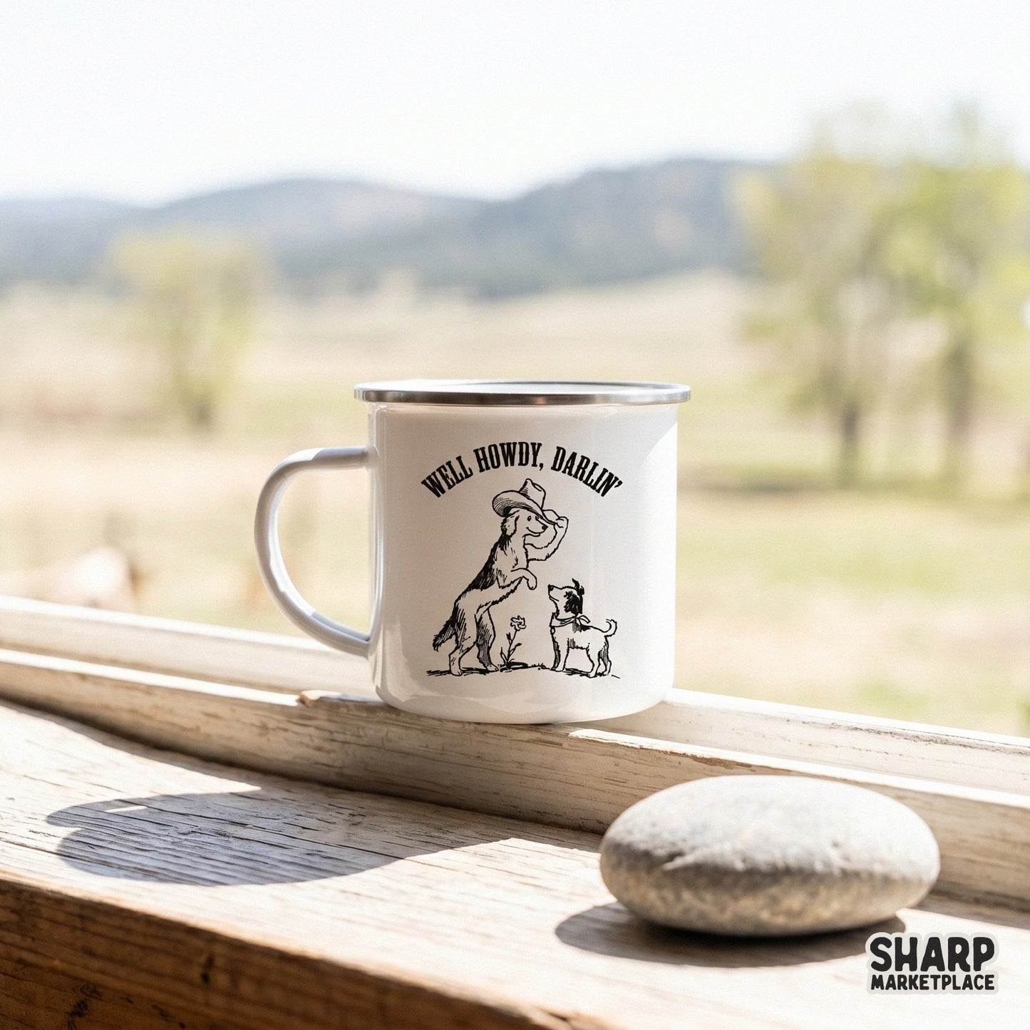 Digital design featuring a charming dog duo in a western style, displayed on a white campfire mug, perfect for sublimation and custom drinkware.