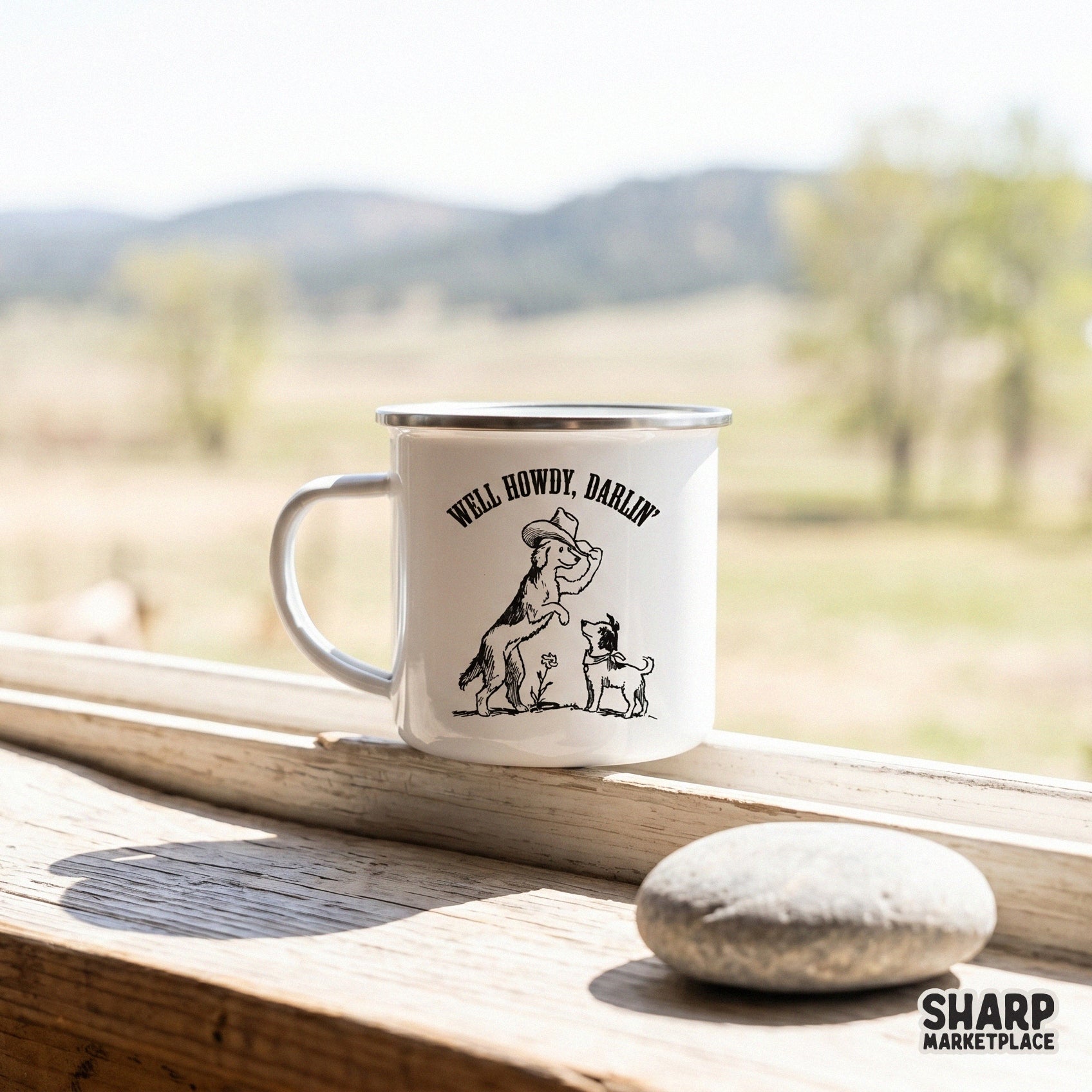 Digital design featuring a charming dog duo in a western style, displayed on a white campfire mug, perfect for sublimation and custom drinkware.