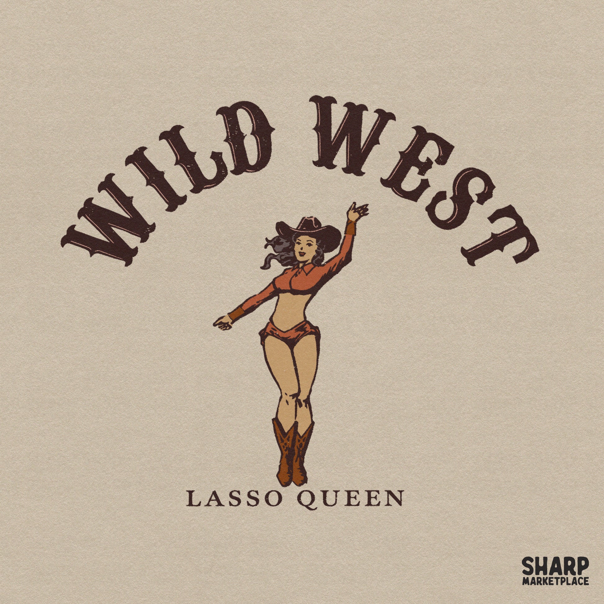 Wild West Lasso Queen vintage graphic PNG for retro cowgirl shirts and western rodeo sublimation designs