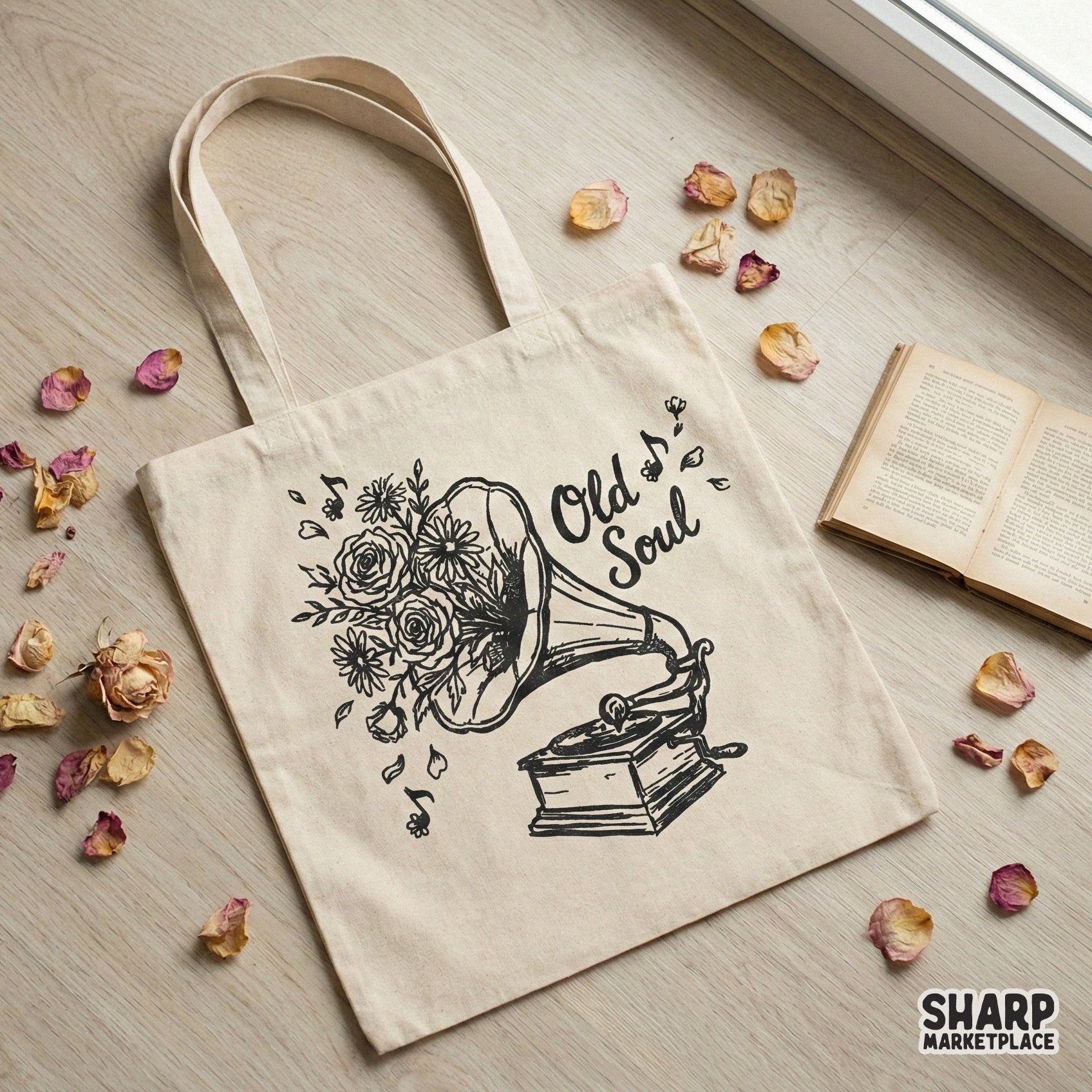 Digital download featuring a sketch-style record player overflowing with floral bouquets and musical elements, ideal for sublimation and custom shirts.