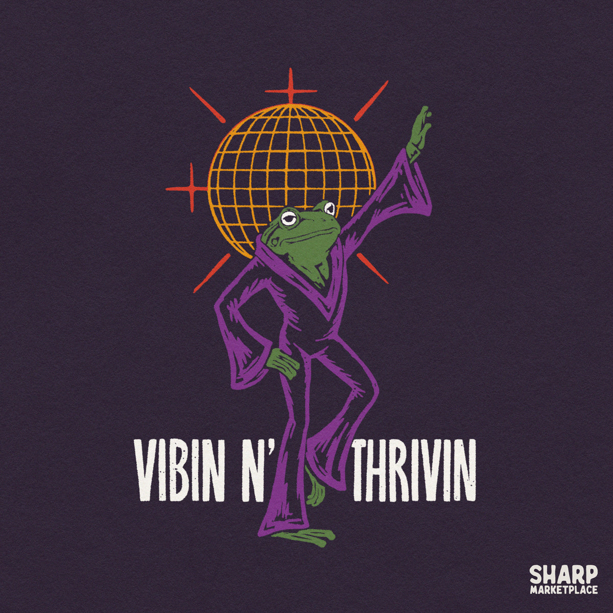 Retro 70s disco ball frog wearing a purple jumpsuit sublimation PNG graphic for trendy t-shirt design