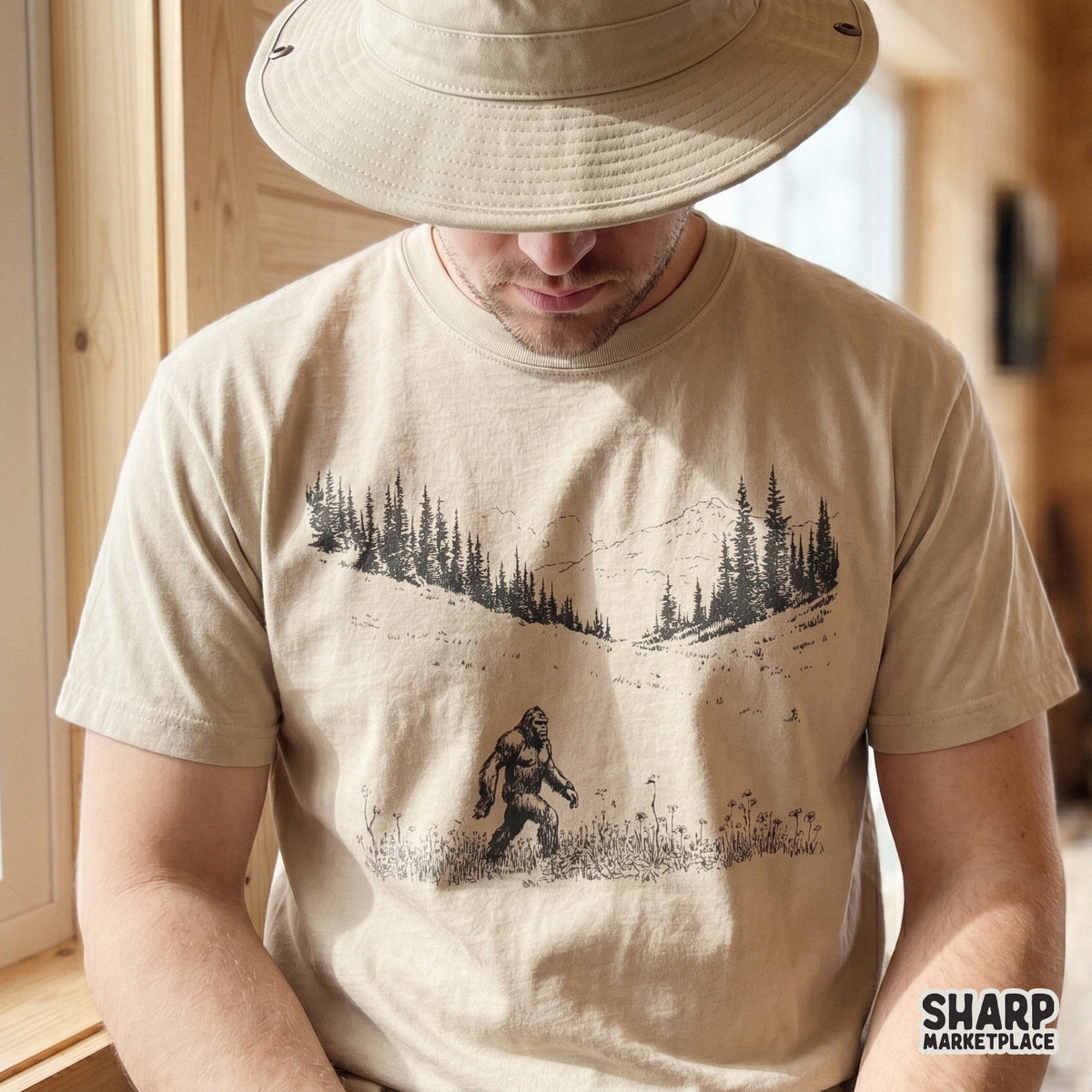 Versatile digital PNG design featuring a wilderness scene with a creature in a wildflower field, ideal for DIY hiking apparel, tumblers, and wall art.