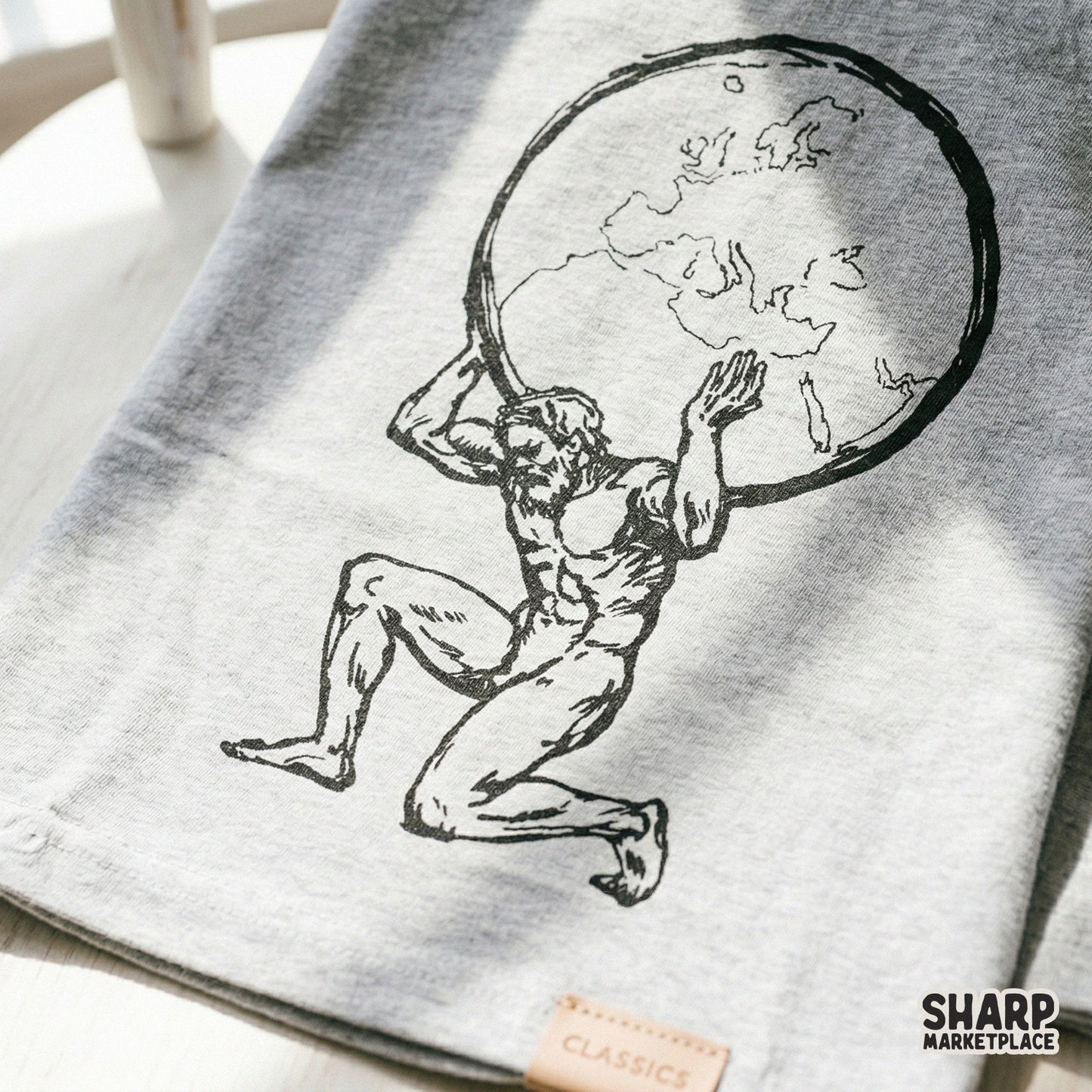 Artistic black and white illustration of a legendary globe bearer, designed for versatile use in DIY projects, apparel printing, and unique home decor.