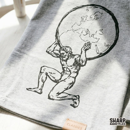 Artistic black and white illustration of a legendary globe bearer, designed for versatile use in DIY projects, apparel printing, and unique home decor.