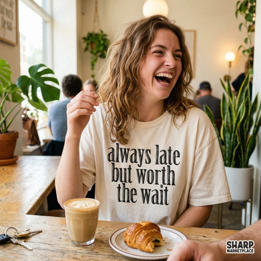 Always Late But Worth The Wait retro colorful typography PNG design for sassy t-shirts and apparel sublimation