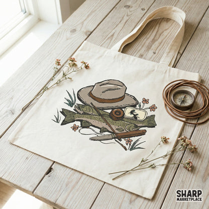 Hand-drawn western fishing illustration on a canvas tote, showcasing trout, a fedora, and fly fishing gear in a rustic, distressed sketch style.
