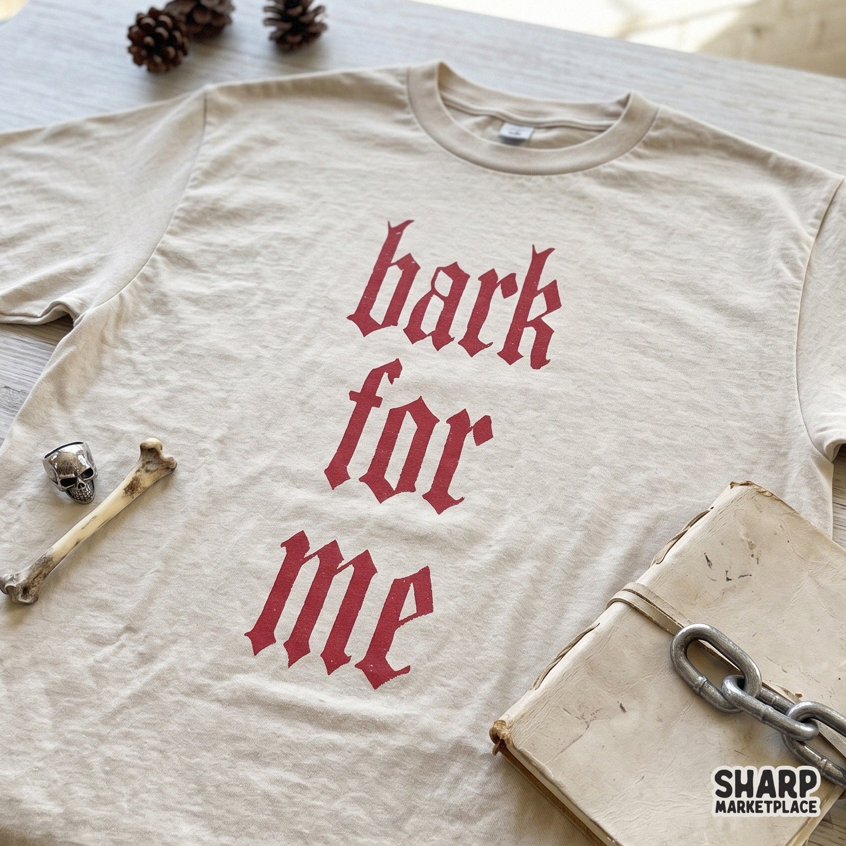 Bark For Me edgy gothic text design with a dark aesthetic for Y2K style graphic tees and satanic horror sublimation projects