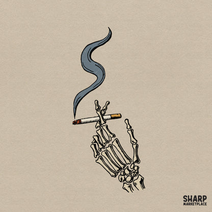 Gothic skeleton hand holding a cigarette PNG graphic for edgy streetwear t-shirts and Halloween apparel
