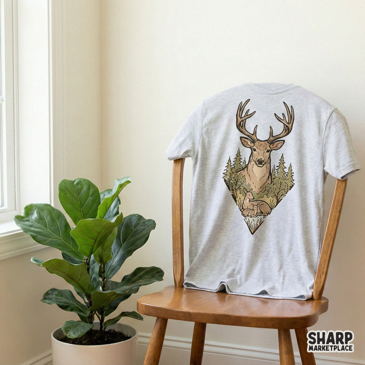 Hand-drawn woodland wildlife scene with a deer family in a pine forest, perfect for sublimation tumblers, custom stickers, or rustic DIY home decor projects.