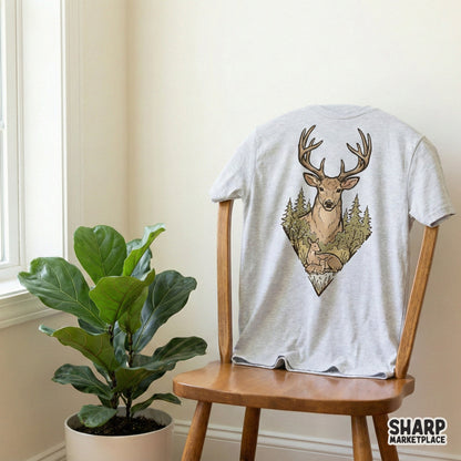 Hand-drawn woodland wildlife scene with a deer family in a pine forest, perfect for sublimation tumblers, custom stickers, or rustic DIY home decor projects.